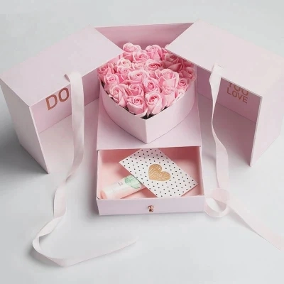 Custom Luxury Pink Rose Rigid Cardboard Hat Round Tube Gift Flower Box