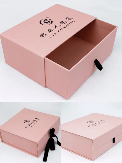 Custom Foil Stamp Logo Slide Open Presentation Cardboard Ribbon Pull out Gift Slip Drawer Box